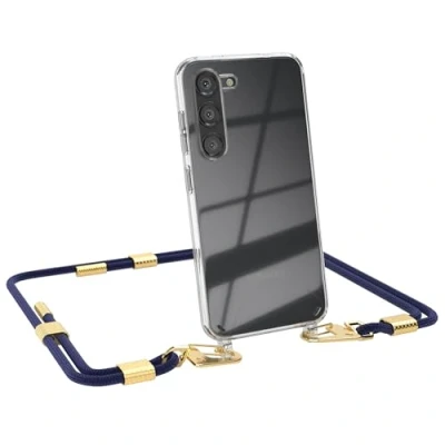 Abbildung von EAZY CASE kombinierbare Handyketten kompatibel mit Samsung Galaxy S23, Transparente Silikon Hülle stylischen rundem Umhängeband, Abnehmbarer Karabiner, Riemen, Nacht Blau Clips Gold