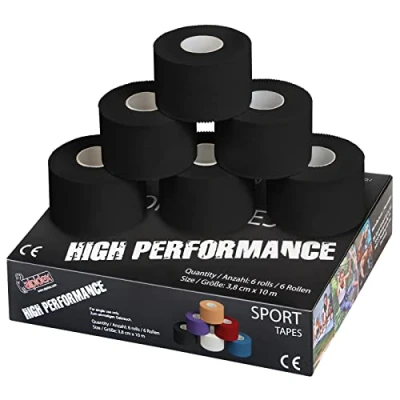 Abbildung von ALPIDEX 6 Rollen Sport Tape Set 3,8 cm x 10 m Gelenk Tapeverband Viele Farben Reißbares Unelastisches Sporttape Hautfreundlich Handball Fußball Volleyball, Farbe:schwarz