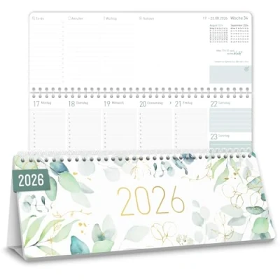 Abbildung von Häfft® Wochen Tischkalender 2026 quer zum Aufstellen, 1 Woche 2 Seiten, Schreibtisch Kalender mit Aufsteller &quot;Blattgold&quot; 29,7 x 11,6 cm nachhaltig &amp; klimafreundlich
