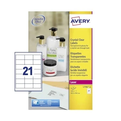 Abbildung von Laserbezeichnung Avery 63,5 x 38,1 mm transparent 25 Blatt 21 Etiketten pro