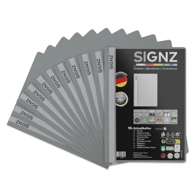 Abbildung von SIGNZ Schnellhefter DIN A4, stabil, 11 Stück, grau, transparenter Deckel, CO2 neutral hergestellt, aus recycelbarem Kunststoff (PP), FSC Mix 70%, made in Germany