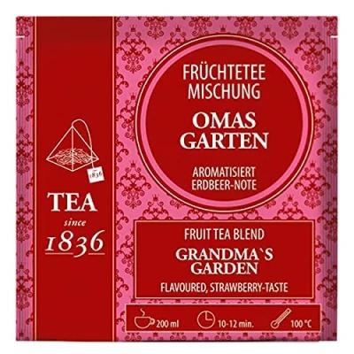 Abbildung von NEU teemando® Früchteteemischung Oma&#039;s Garten Erdbeer Note aromatisiert 50 Pyramidenbeutel im Sachet à 4 g