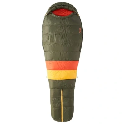 Abbildung von Marmot Never Winter, Mumienschlafsack für Erwachsene, Entendaunen mit 650er Bauschkraft, sehr leicht und warm, 183 cm, geeignet bis 15 C, Nori/Red Sun, cm