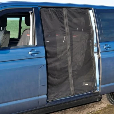Abbildung von Schiebetür Magnetisch Fliegengitter groß 150 x 144cm Van Insektenschutz schwarzes Mesh Moskitonetz, Sonnenschutz für Auto T5, T6, T4, Wohnwagen, Wohnmobil, Seitentür Camping zubehör
