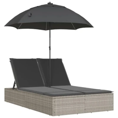 Abbildung von vidaXL Gartenliege Doppel Sonnenliege mit Kissen &amp; Schirm Hellgrau Poly Rattan, 1 St.
