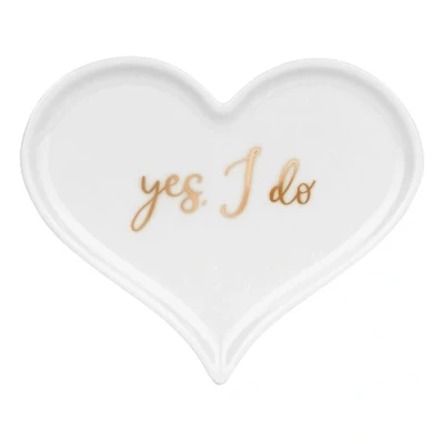 Abbildung von Ringschale Herz Porzellan Schriftzug Yes I do 13x10cm weiß Gold für Hochzeit Ringe herzförmige Ringkissen Alternative