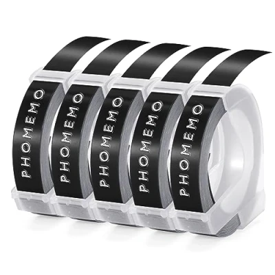 Abbildung von Phomemo Etikettenband Prägeband Kompatibel mit Dymo Omega Ersatz für 3D 9mm S0717930 Junior S0717900 Etikettiergerät (Weiß auf Schwarz, 5 Stück)