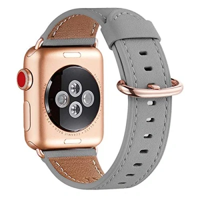 Abbildung von WFEAGL Kompatibel für Apple Watch Armband 44mm 45mm 49mm 42mm,Lederband Ersatzband Herren Damen iWatch Ultra Series 10/9/8/7/6/5/4/3/2/1,SE(42mm 45mm, Grau+rosé Gold Adapter)