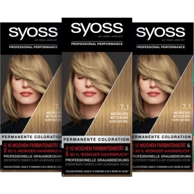 Abbildung von Syoss Color Coloration 7_1 Natürliches Mittelblond (115 ml), permanente für bis zu 10 Wochen Farbintensität und 80 % weniger Haarbruch*