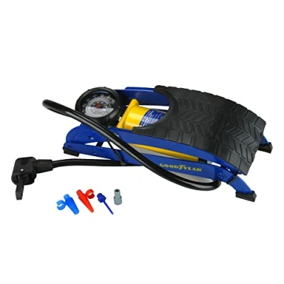 Abbildung von GOODYEAR 75523 Premium Fußluftpumpe, Einzylinder, Manometer bis zu 7 Bar, rutschsicheres Trittblech, Doppelkopfadapter, Schwarz, blau und gelb