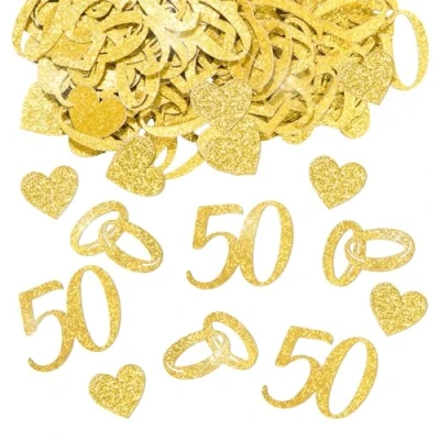 Abbildung von BETESSIN Tischdeko Goldene Hochzeit 100 Stück Glitzer Konfetti mit 50, Ringe, Herz Motiven Doppelseitige Streudeko für Deko, 50. Jubiläum &amp; Hochzeitstag
