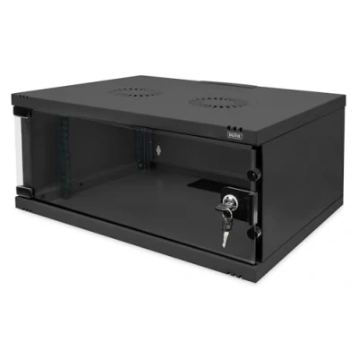 Abbildung von DIGITUS Netzwerkschrank 19 Zoll Rack 4 HE Unmontiert Wandmontage 400 mm Tiefe Traglast 60 kg Glastür SOHO Serie Schwarz