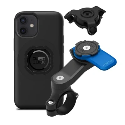 Abbildung von Quad Lock Lenkerhalterung Motorrad Handyhalterung Kit mit Vibration Dämpfer und iPhone 12 Mini MAG Handyhülle