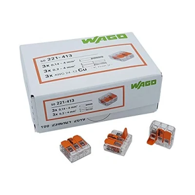 Abbildung von WAGO Plug in terminal 3 way with lever for rigid (0.2 4 mm²) and flexible (0.14 wires to open again, transparent/orange, contents: 50 pieces