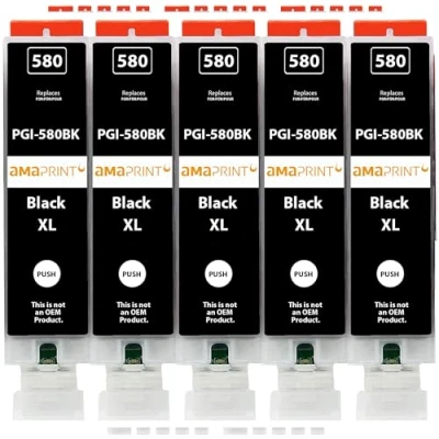 Abbildung von Amaprint XL Patronen kompatibel mit Canon PGI 580 Schwarz PGBK passend für Pixma TR7500 TR7550 TR8500 TR8550 TS6100 TS6150 TS6151 TS6300 TS6350 TS8100 TS8150 TS8151 TS8152 TS8350 TS9150 (5 Patronen)