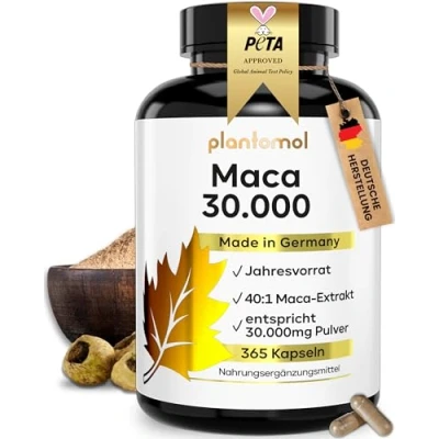 Abbildung von 30.000mg pro Kapsel 365 Maca Kapseln hochdosiert 750mg Extrakt 40:1 = Pulver 1 Kapsel/Tag Jahresvorrat