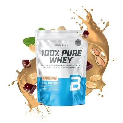 Abbildung von BioTechUSA 100% Pure Whey Proteinpulver mit BCAA und Glutamin Glutenfrei, Palmölfrei 21g Protein pro Portion, 454 g, Schokolade Erdnussbutter