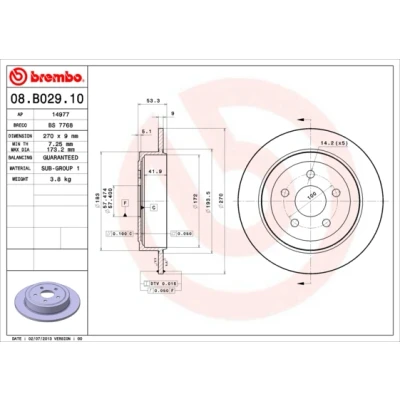 Abbildung von BREMBO 08.B029.10 Bremsscheibe 270 9 5 voll CHRYSLER: LeBaron III Cabrio, Stratus PT Cruiser Cabrio