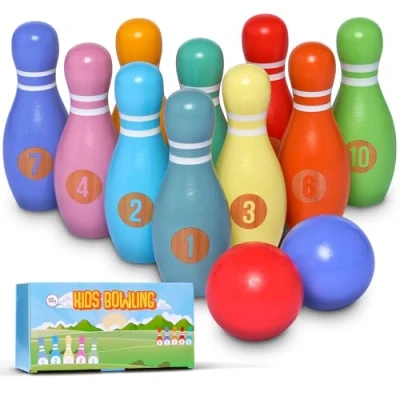 Abbildung von Pink Papaya Spiel, Familien und Kinderspiel Kids Bowling Classic, 100 % Massivholz, schult Motorik &amp; Koordination