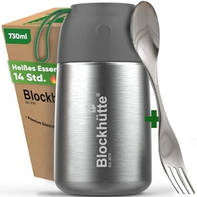 Abbildung von Blockhütte Edelstahl Thermobehälter für Essen I 730 ml mit Löffel, Thermo Lunchbox Kinder, Erwachsene, Suppen, Babybrei Warmhaltebox, To Go Suppenbehälter, Thermobox Mittagessen