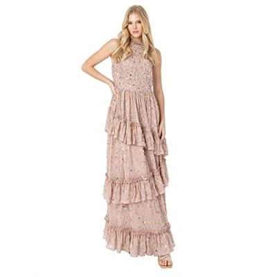 Abbildung von Maya Deluxe Damen Womens Maxi Dress Ladies Embellished Ruffle Sleeveless Tie Back for Wedding Guest Bridesmaid Prom Evening Occasion Kleid, Taupe Blush,