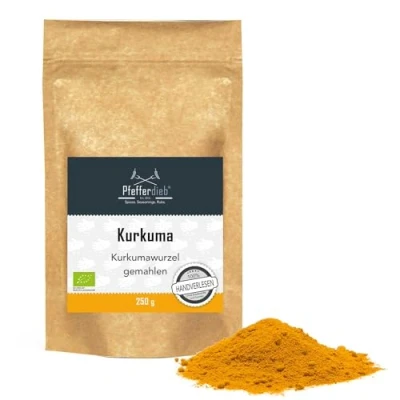 Abbildung von BIO Kurkuma Pulver (Gelbwurz Curcuma) 250g Reine Kurkumawurzel fein gemahlen hoher Curcumin Gehalt von 5,5% Rohkostqualität Pfefferdieb