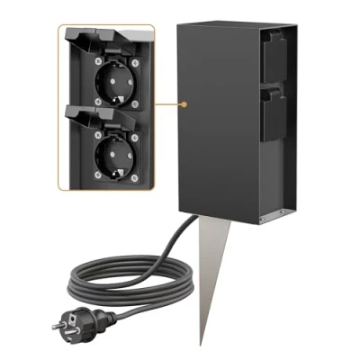 Abbildung von ledscom.de Garten Steckdosen Säule POMI mit Erdspieß und 2m Kabel für außen, IP44, 4 Fach, anthrazit, eckig, 23cm