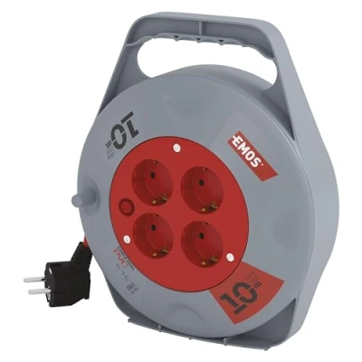 Abbildung von EMOS Mini Kabeltrommel 10m 4 Schuko Steckdosen 230 V, 10 A, 2300 W hochwertige PVC Isolierung H05VV F3G 1,0 mm2 mit Thermoschalter IP20 für Innen