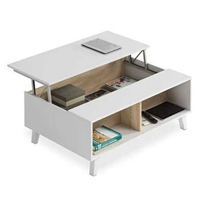 Abbildung von Habitdesign Raising Couchtisch, Zaiken Plus Modell, Glänzend Weiß und Kanadische Eiche, Maße: 100 cm (Breite) x 38/48 (Höhe) 68 (Tiefe)
