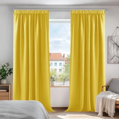 Abbildung von Deconovo Verdunkelungsvorhänge mit Kräuselband Dicke Thermovorhänge Gardine, 210x140cm(HöhexBreite), Senfgelb, 2er Set