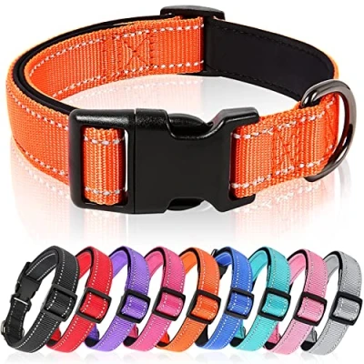 Abbildung von HEELE Hundehalsband, weich gepolstertes Neopren Nylon Hunde Halsband für kleine mittlere große und Welpen, verstellbare reflektierende Hund Training, Orange, S
