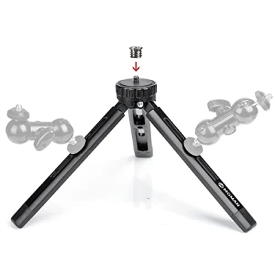 Abbildung von Mini Stativ, Moman TR01S Klein Dreibein Tischstativ Tripod Kamerastativ Ständer aus Aluminium mit 1/4 und 3/8 Schraube, Max. 5kg Belastung