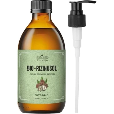 Abbildung von Essican Purelife Bio Rizinusöl haare in Glasflasche mit Pumpe 250ml 100% Reines Kaltgepresst Bio, Hexanfrei Castor Oil Organic, für Wimpern, Augenbrauen, Haare, Bart, Nägel