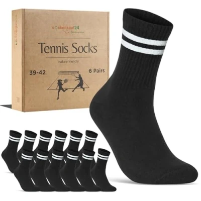 Abbildung von Herren Tennissocken (6 Paar) Sportsocken mit verstärkter Ferse &amp; Fußspitze, gepolsterte Sohle Baumwolle Atmungsaktive Retro Crew Socken 70107T (Schwarz Ringel 43 46)