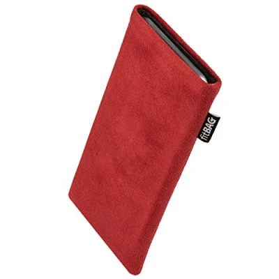 Abbildung von fitBAG Classic Rot Handytasche für Apple iPhone 15 Pro Tasche aus original Alcantara mit Microfaserinnenfutter Hülle Reinigungsfunktion Made in Germany