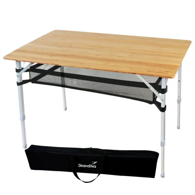 Abbildung von Skandika Bambus Campingtisch Tolja Faltbarer Tisch mit Netzablage, versch. Größen, 3 Fach höhenverstellbar, Alu, Holz, wetterfest, UV beständig Klapptisch für Camping, Garten, Balkon