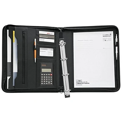 Abbildung von WEDO 581101 Collegemappe A4, genarbtes Kunstleder, Reißverschluss, mehrere Fächer, herausnehmbare 4 Ring Mechanik, Stiftschlaufen, inkl. Solar Taschenrechner, schwarz