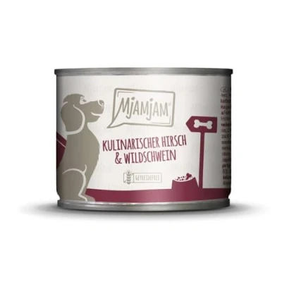 Abbildung von MjAMjAM Premium Nassfutter für Hunde kulinarischer Hirsch &amp; Wildschwein an Preiselbeeren, 6er Pack (6 x 200 g), getreidefrei mit extra viel Fleisch