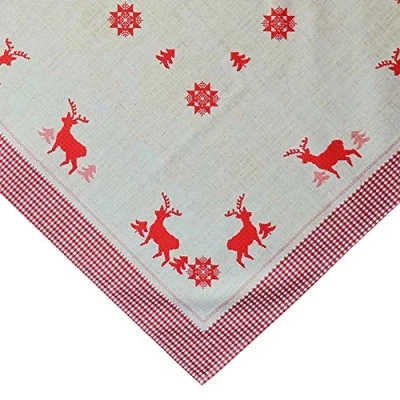 Abbildung von matches21 Tischdecke Hirsche Bäume Karo Bordüre Druck Heimtextilien Mitteldecke rot beige Polyester 1 STK 85x85 cm