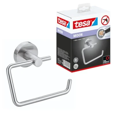 Abbildung von tesa Toilettenpapierhalter MOON Toilettenrollenhalter ohne Bohren 10,5 cm : 13,8 5 (Packung, 1 St., inkl. Klebelösung), selbstklebende WC Rollenhalter Edelstahl silber matt