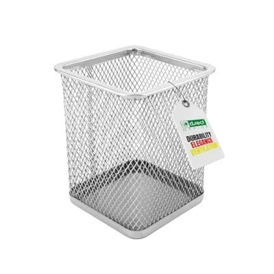 Abbildung von D.RECT Metall Stifteköcher Stiftehalter Eckig aus Drahtmetall Mesh Multifunktions Becher für Kugelschreiber Stifte Halter Büro/Schule, Silber