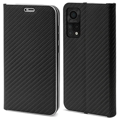 Abbildung von Moozy Hülle für Xiaomi Mi 10T 5G, Pro Schwarz Carbon Metallischer Kantenschutz Klapphülle Handyhülle mit Kartenfach und Standfunktion