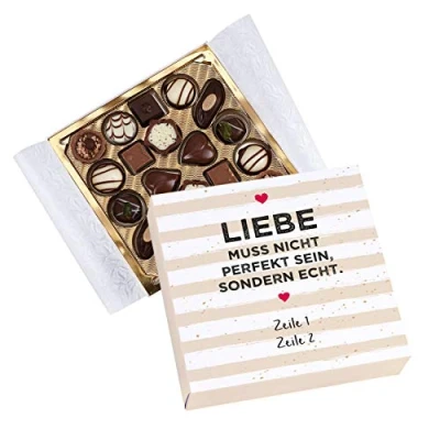 Abbildung von Herz &amp; Heim® Lindt Mini Pralinés mit Banderole Liebe muss nicht perfekt sein, sondern echt. euren Aufdruck unter dem Spruch