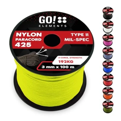 Abbildung von GO!elements 100m Paracord Seil aus reißfestem Nylon 3mm 425 Typ II max. 192kg Schnüre als Outdoor Seil, Allzweckseil, Survival Armband, Hundeleine, Nylonschnur, Farbe: Neon