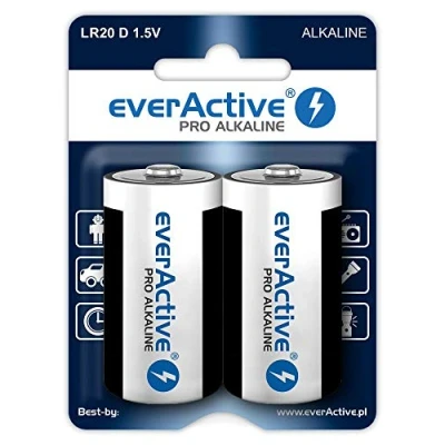 Abbildung von everActive D Batterien 2er Pack, Pro Alkaline, Mono LR20 R20 1.5V, höchster Leistung, 10 Jahre Haltbarkeit, 2 Stück 1 Blisterkarte