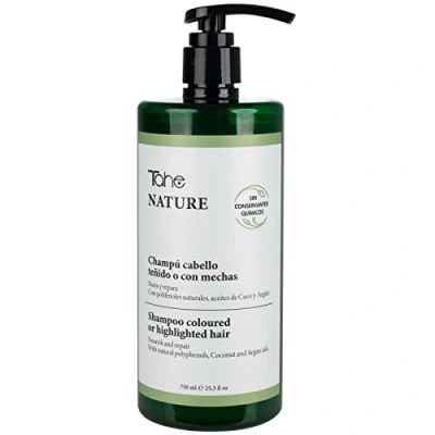 Abbildung von Tahe Nature Shampoo ohne Sulfate für gefärbtes oder gesträhntes Haar mit natürlichen Polyphenolen, Kokosöl, Arganöl und Geranium, 750 ml
