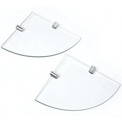Abbildung von BSM Marketing Eckregale aus gehärtetem Glas, 200 mm, 6 mm dick, für Badezimmer, Schlafzimmer, Büro, mit verchromten Regalstützen, 2 Stück