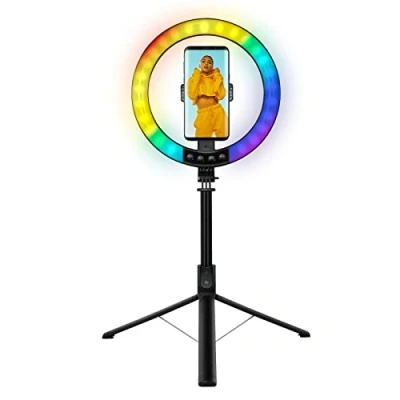 Abbildung von LogiLink AA0156 LED Ringlicht/Ring Light (Ø 25 cm) mit Smartphone Halterung, 26 RGB Farbmodi und 95 LEDs für professionelle Videos Bilder, Stativ + Fernbedienung