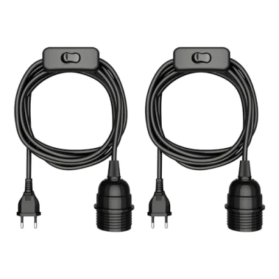Abbildung von ledscom.de 2 Stück Kabel LEKA, Stecker, Schalter, schwarz, 3 m, Lampen Fassung, 1x E27 max. 60W