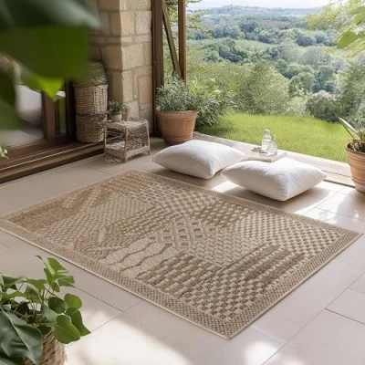 Abbildung von SIMPEX Indoor Outdoor Teppich Beige 80x150 cm Läufer, UV beständig, Ideal für Küche, Balkon, Terrasse, Wohnzimmer und Esszimmer, Einfarbig im Boho Stil.